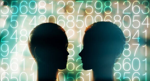 Robot head and abstract numbers, artificial intelligence concept