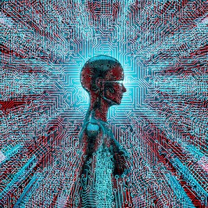 3D illustration of female AI at the centre of circuit board lines