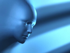 A mysterious head emerging from a blue surface. Digital illustration